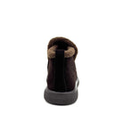 BONAVI Juniper suede moc shoe in chocolate brown with shearling-style trim, rear view
