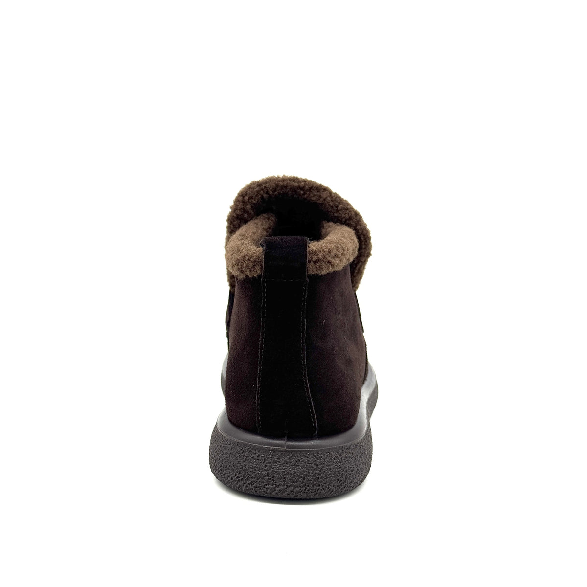 BONAVI Juniper suede moc shoe in chocolate brown with shearling-style trim, rear view