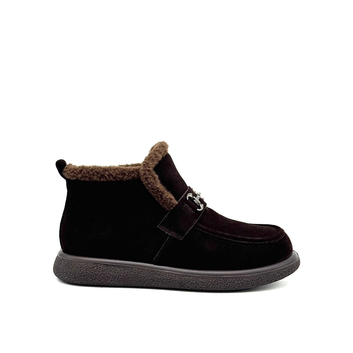 BONAVI Juniper suede moc shoe in chocolate brown with shearling-style trim and buckle detail, side view
