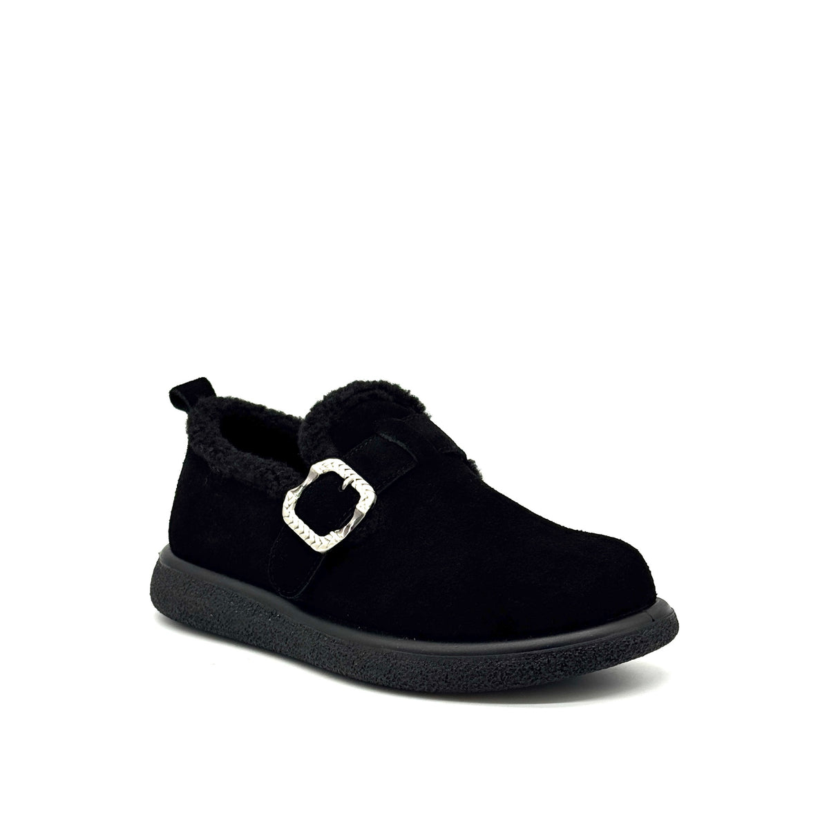 BONAVI Kara suede moc shoe in black with shearling-style trim and buckle detail, angled view
