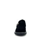BONAVI Kara suede moc shoe in black with shearling-style trim and buckle detail, front view