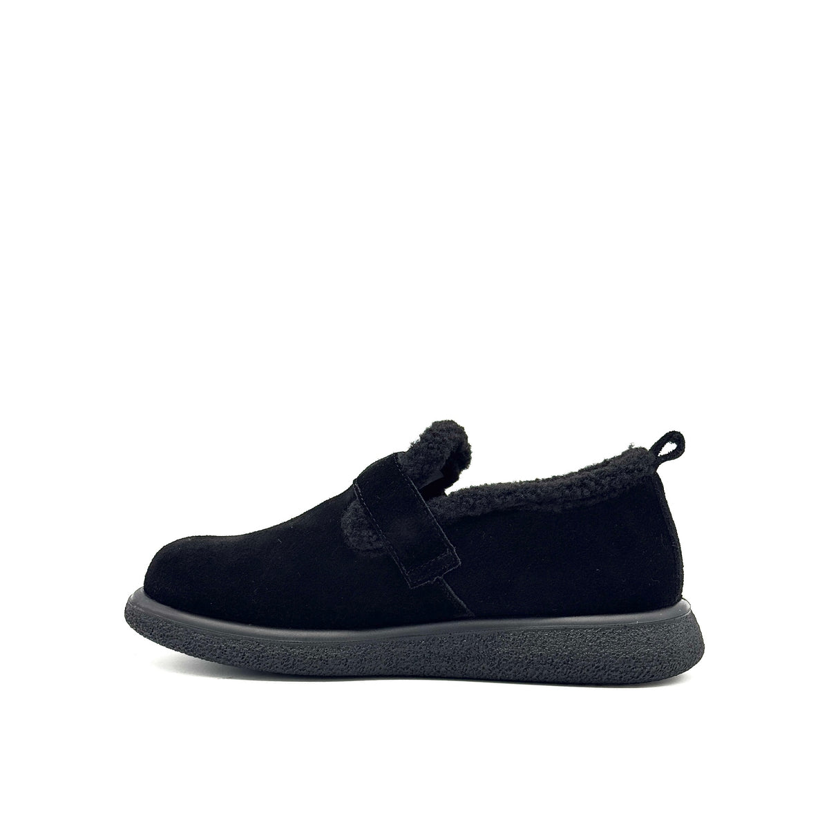 BONAVI Kara suede moc shoe in black with shearling-style trim, inner side view