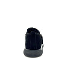 BONAVI Kara suede moc shoe in black with shearling-style trim, rear view