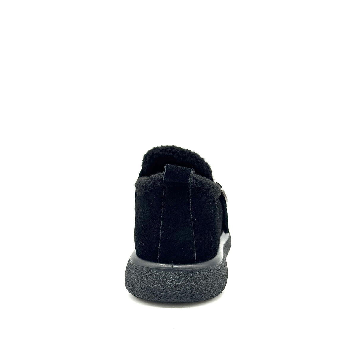BONAVI Kara suede moc shoe in black with shearling-style trim, rear view