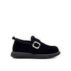 BONAVI Kara suede moc shoe in black with shearling-style trim and buckle detail, side view
