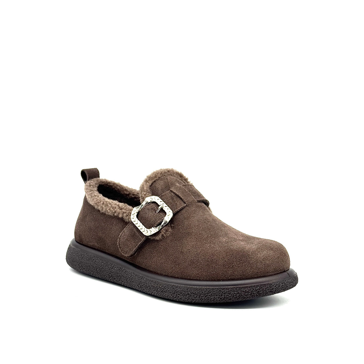 BONAVI Kara suede moc shoe in brown with shearling-style trim and buckle detail, angled view