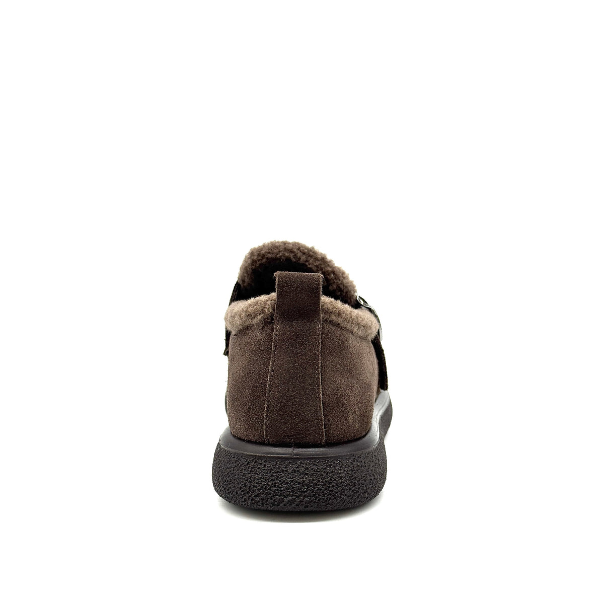 BONAVI Kara suede moc shoe in brown with shearling-style trim, rear view