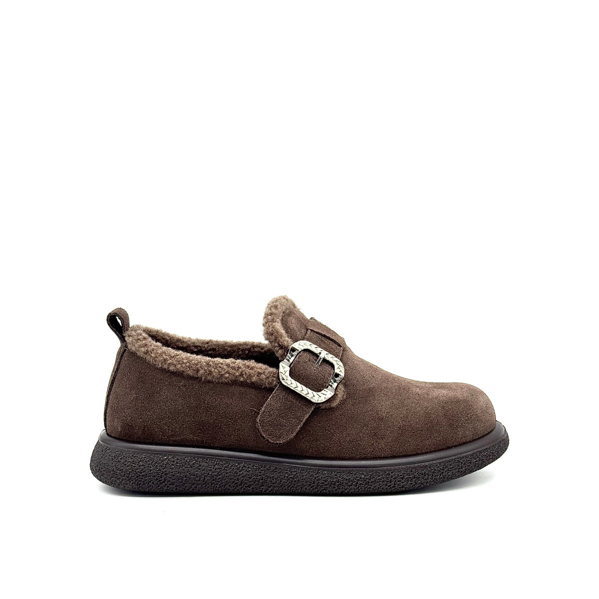 BONAVI Kara suede moc shoe in brown with shearling-style trim and buckle detail, side view