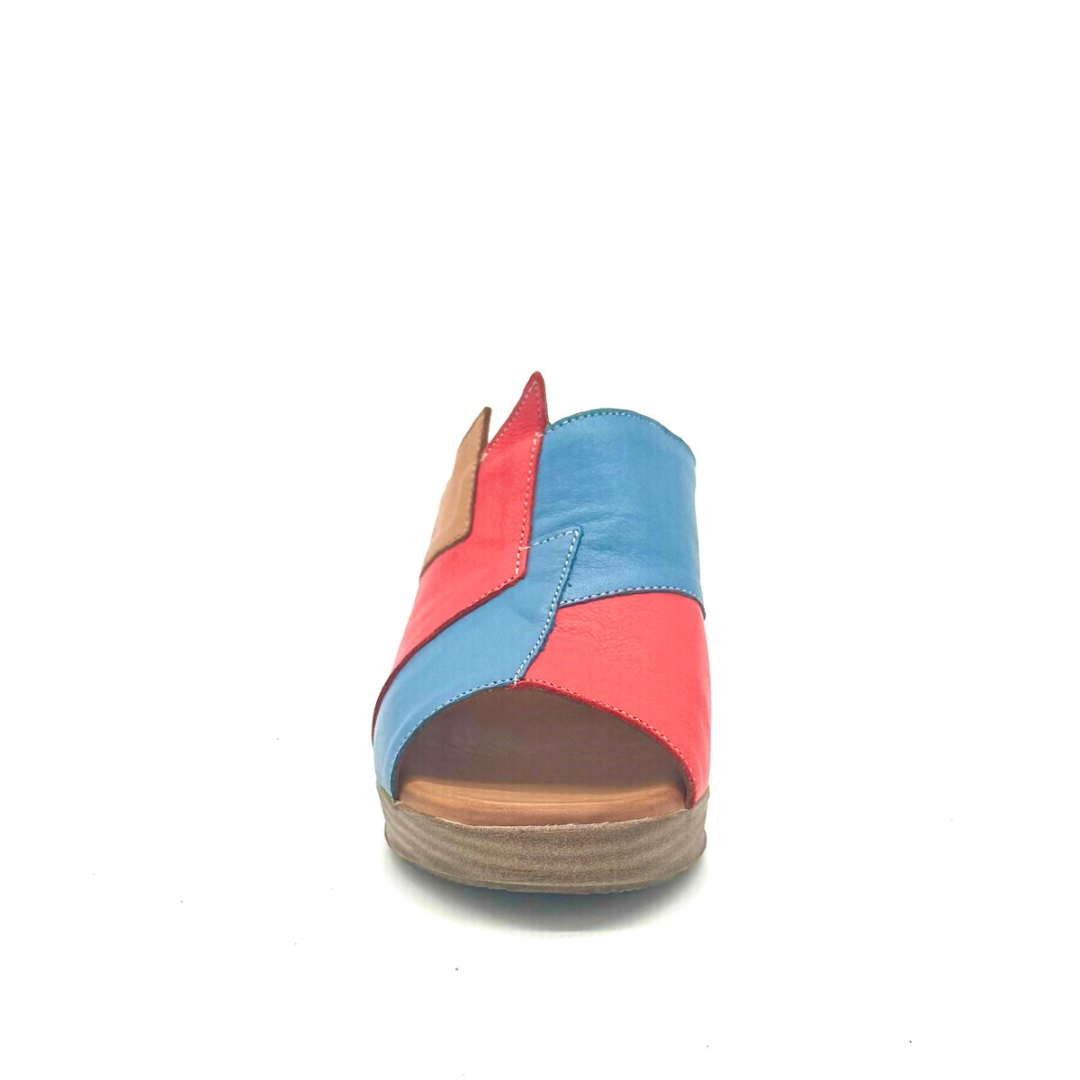 BONAVI Maria genuine leather block heel mule sandal in blue and red multi