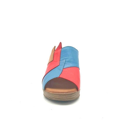 BONAVI Maria genuine leather block heel mule sandal in blue and red multi
