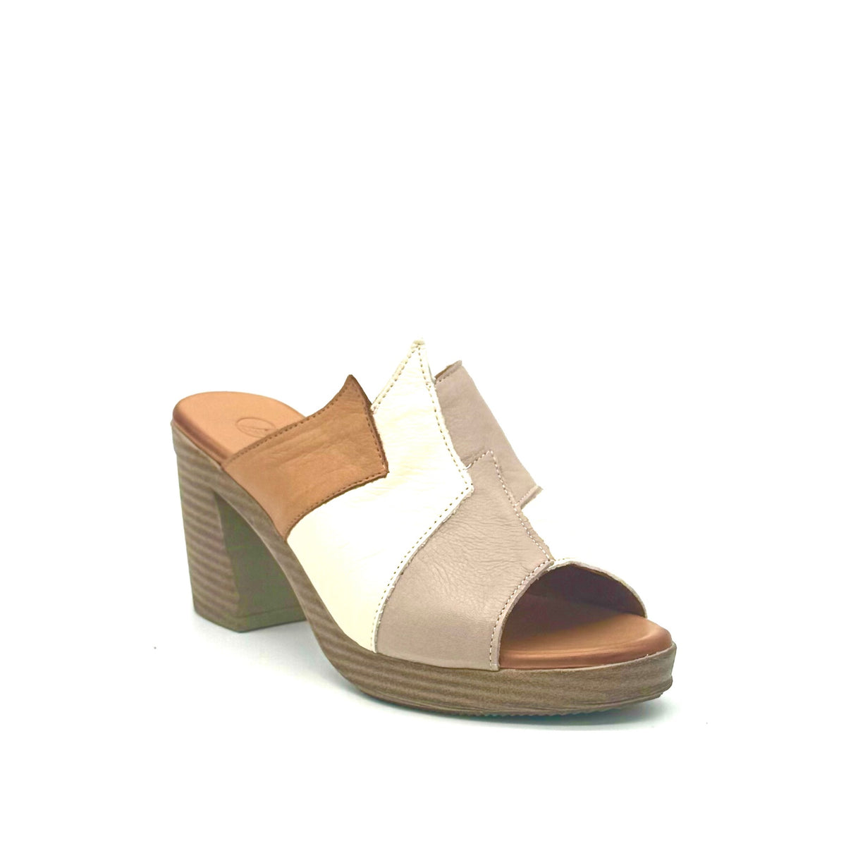 BONAVI Maria genuine leather block heel mule sandal in grey and white