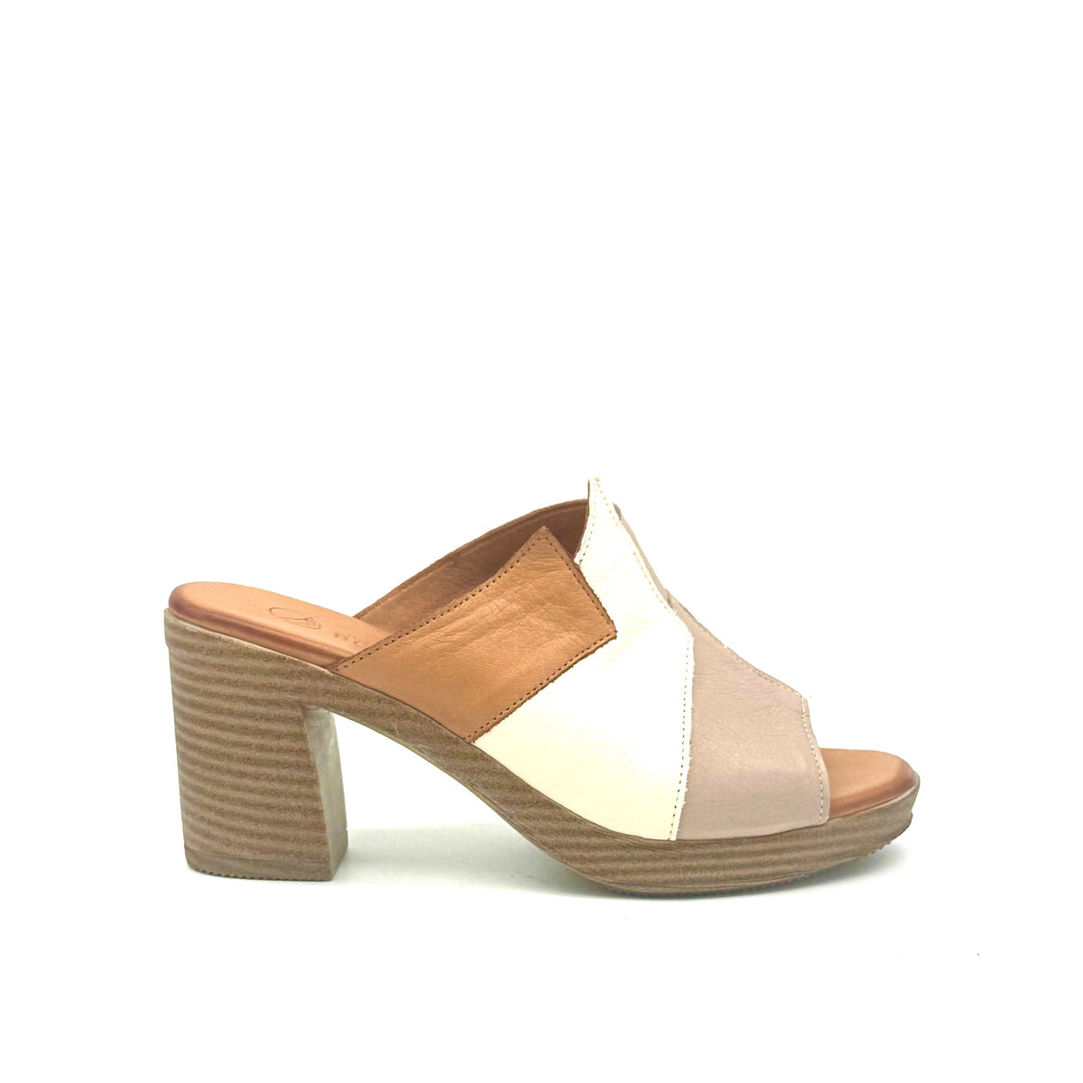 BONAVI Maria genuine leather block heel mule sandal in grey and white