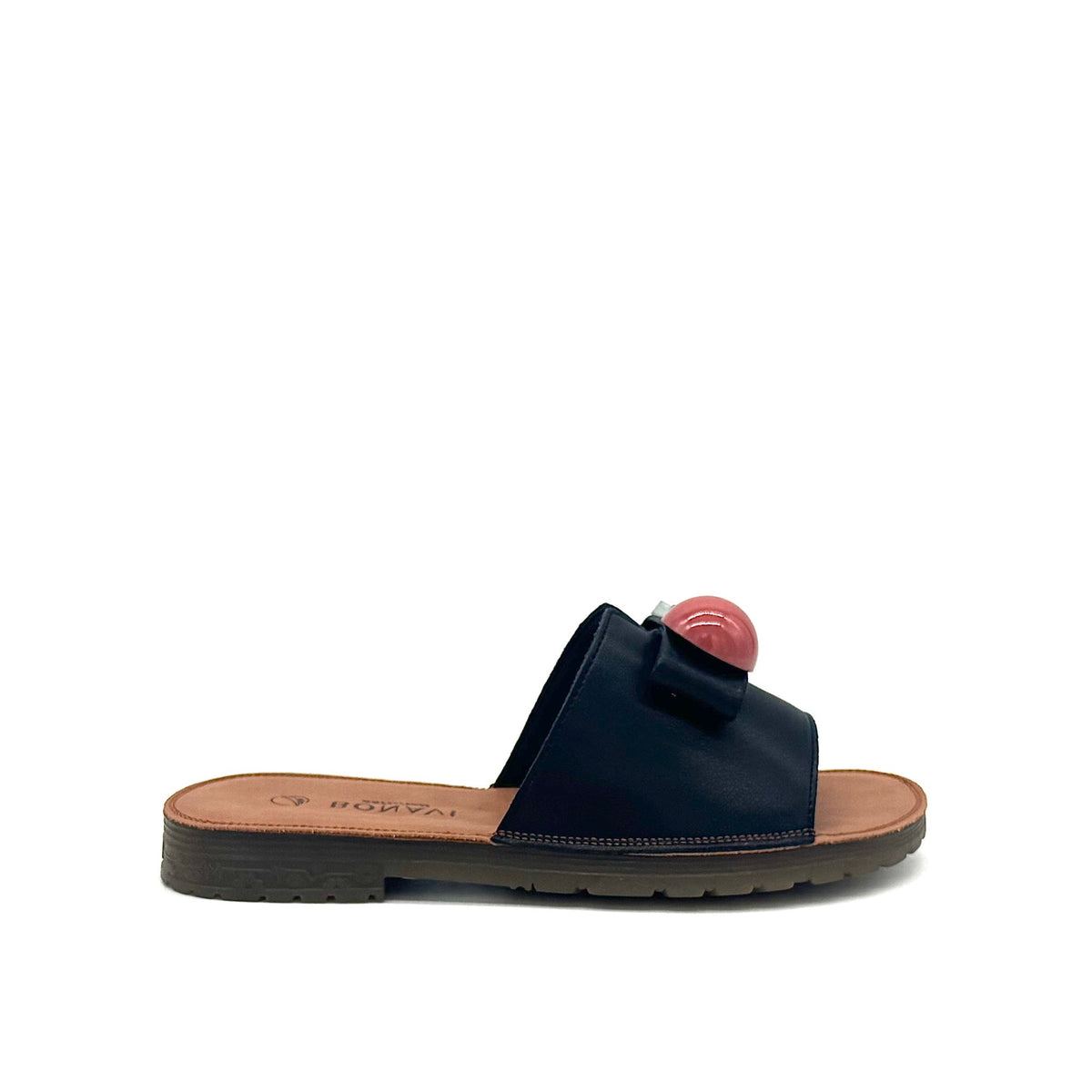 BONAVI Mesta black leather slide sandals for women with cushioned leather footbed and slip-on design