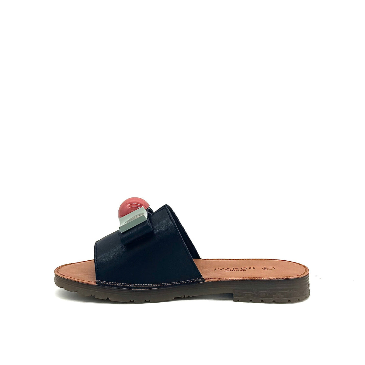 BONAVI Mesta black leather slide sandals for women with cushioned leather footbed and slip-on design