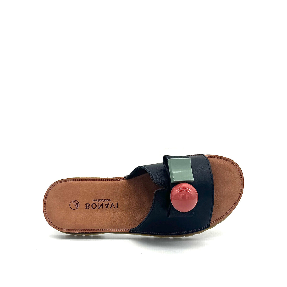 BONAVI Mesta black leather slide sandals for women with cushioned leather footbed and slip-on design