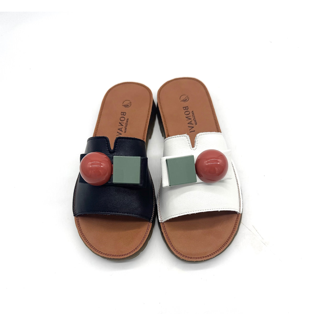 BONAVI Mesta black leather slide sandals for women with cushioned leather footbed and slip-on design
