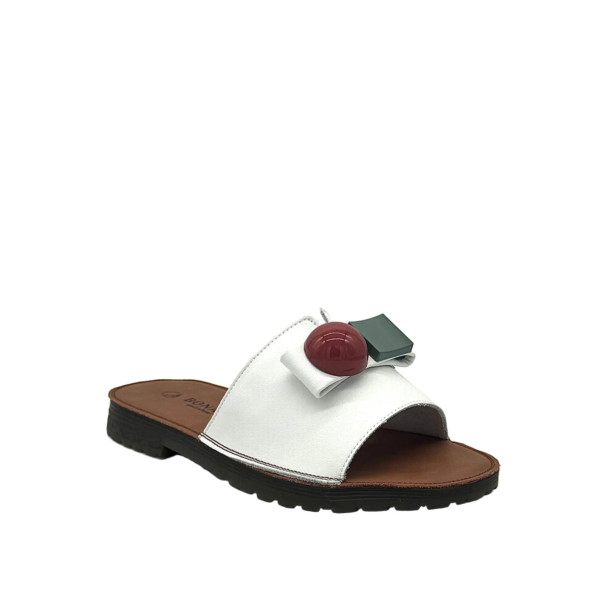 BONAVI Mesta white leather slide sandals for women with cushioned insole and flexible rubber sole
