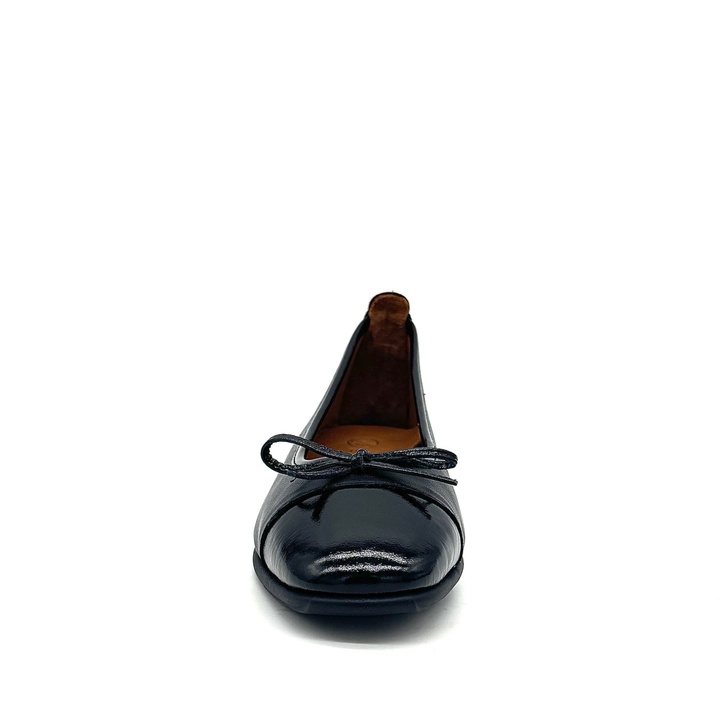 BONAVI Nicole genuine leather black ballet flat with black patent cap toe and bow detail