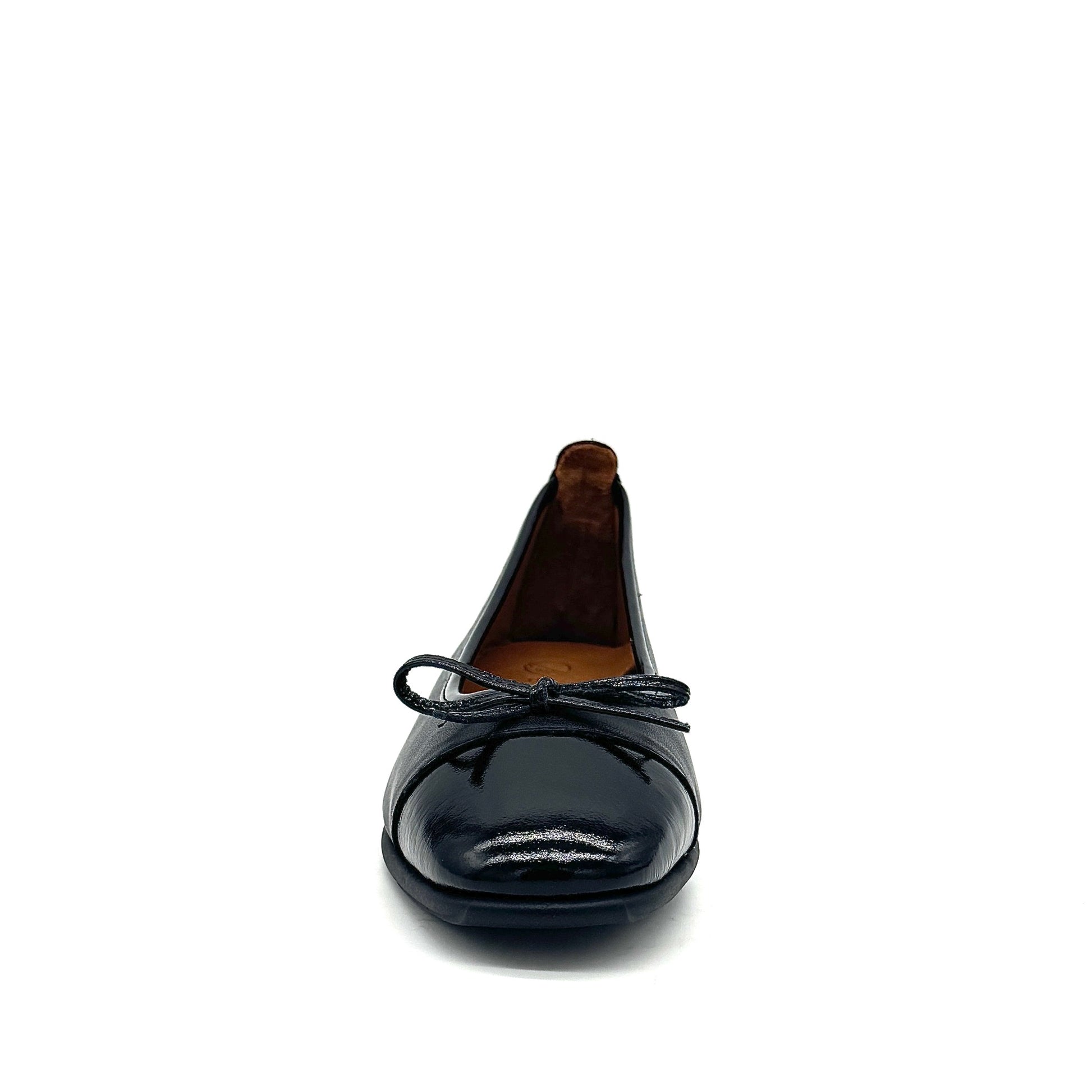 BONAVI Nicole genuine leather black ballet flat with black patent cap toe and bow detail