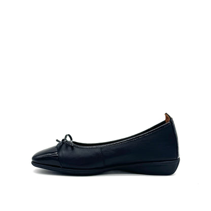 BONAVI Nicole genuine leather black ballet flat with black patent cap toe and bow detail