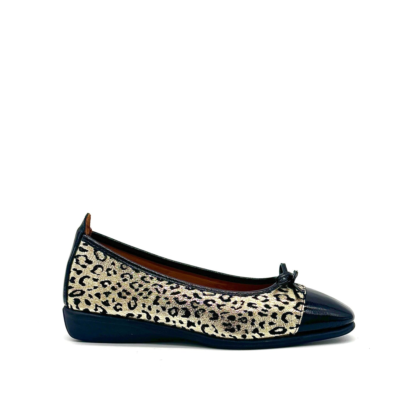 BONAVI Nicole genuine leather leopard print ballet flat in gold with black patent cap toe and bow detail, side view