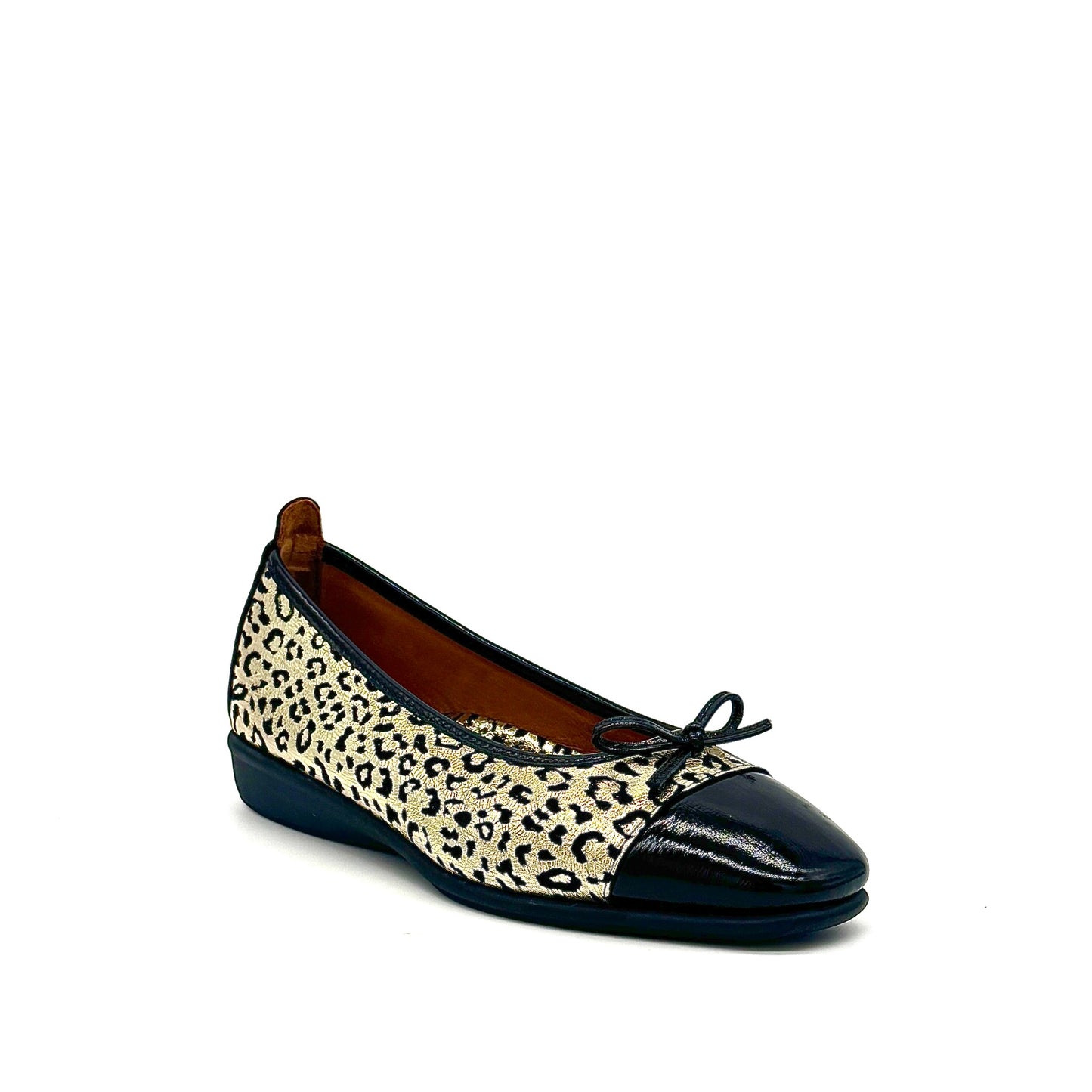 BONAVI Nicole genuine leather leopard print ballet flat in gold with black patent cap toe and bow detail, side view