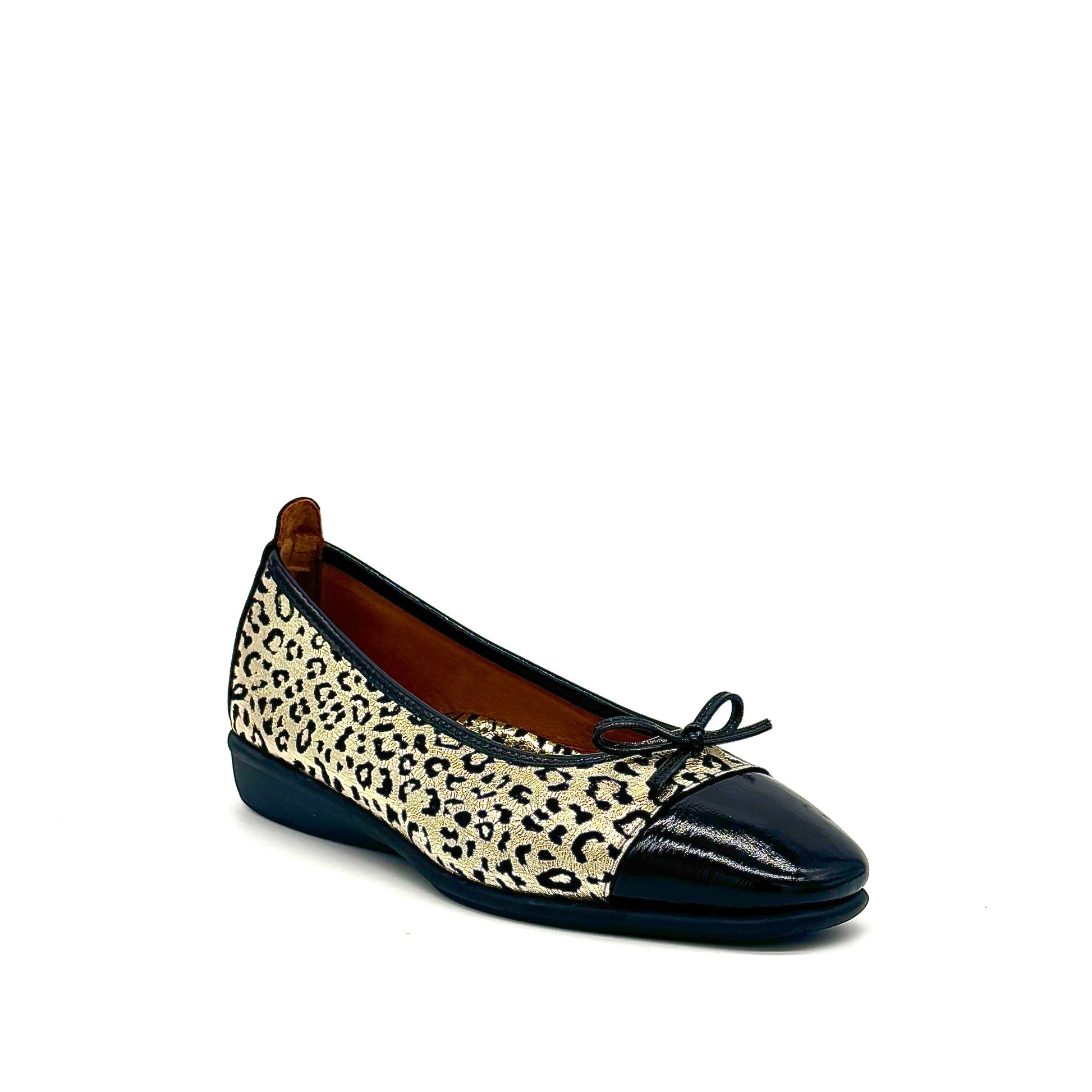 BONAVI Nicole genuine leather leopard print ballet flat in gold with black patent cap toe and bow detail, side view