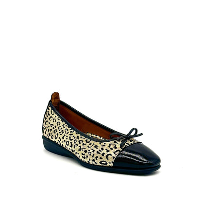 BONAVI Nicole genuine leather leopard print ballet flat in gold with black patent cap toe and bow detail, side view