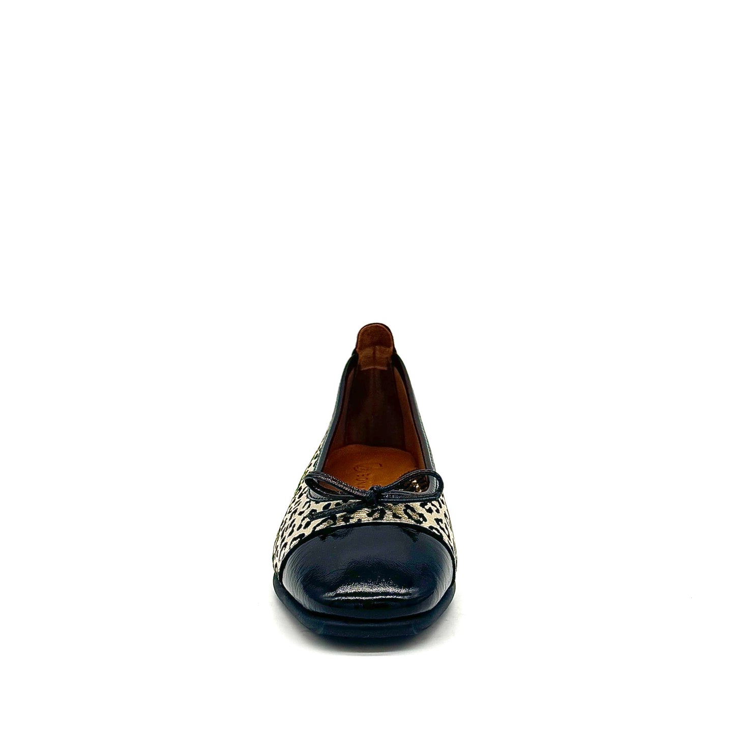 BONAVI Nicole genuine leather leopard print ballet flat in gold with black patent cap toe and bow detail, side view