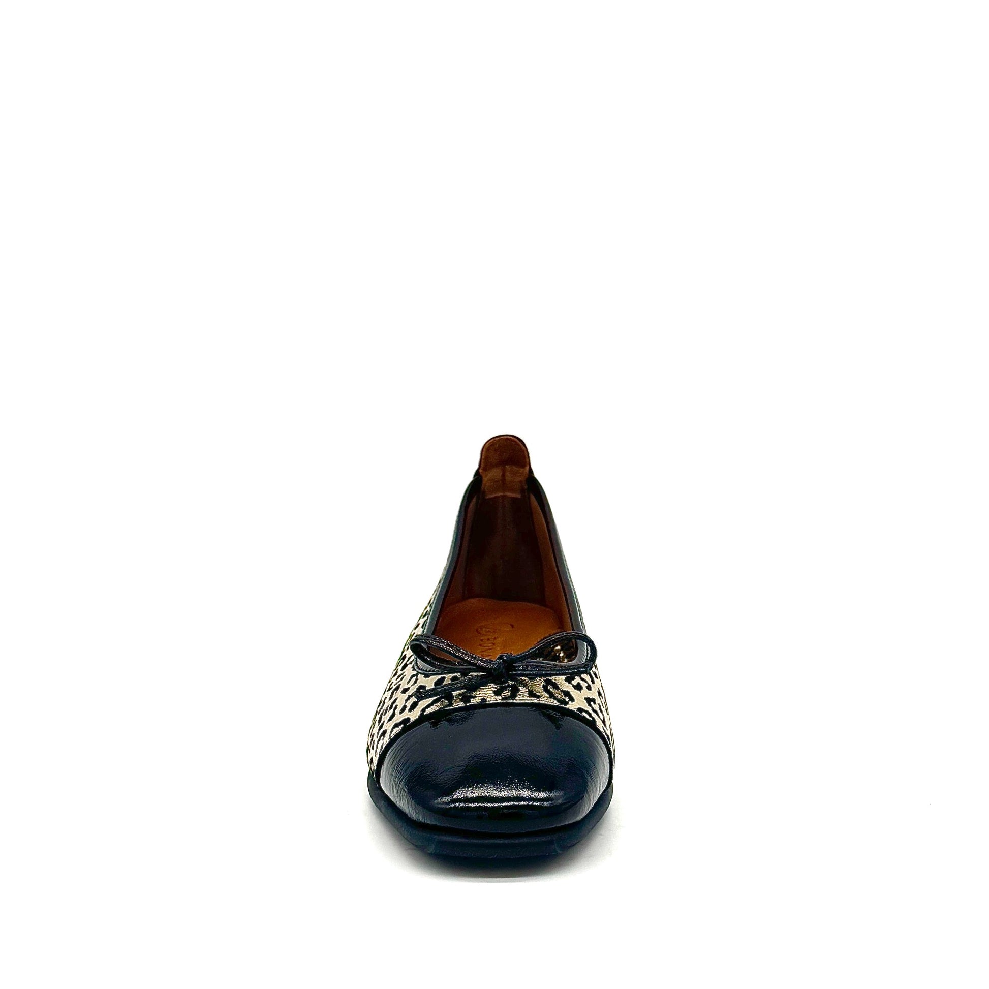 BONAVI Nicole genuine leather leopard print ballet flat in gold with black patent cap toe and bow detail, side view