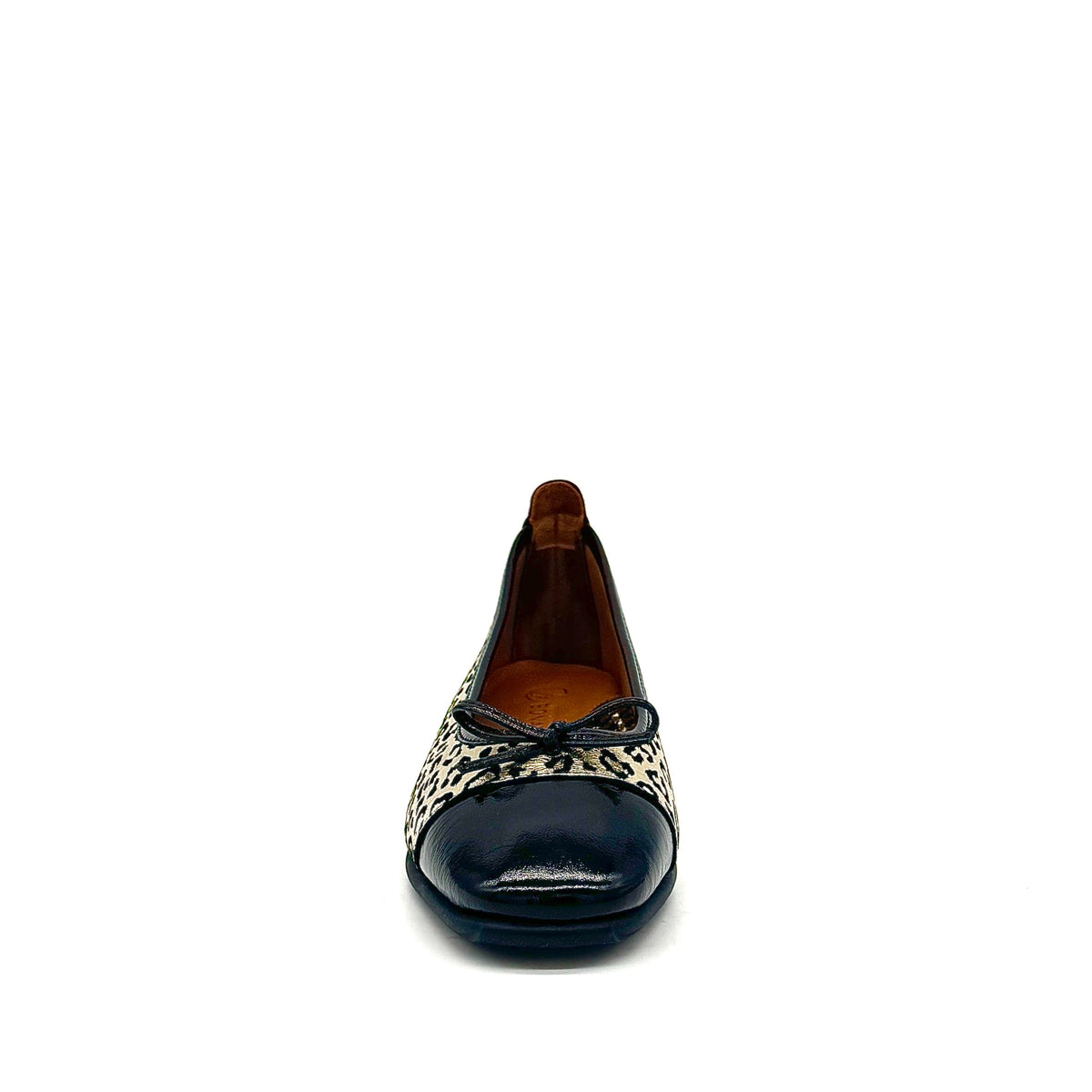 BONAVI Nicole genuine leather leopard print ballet flat in gold with black patent cap toe and bow detail, side view