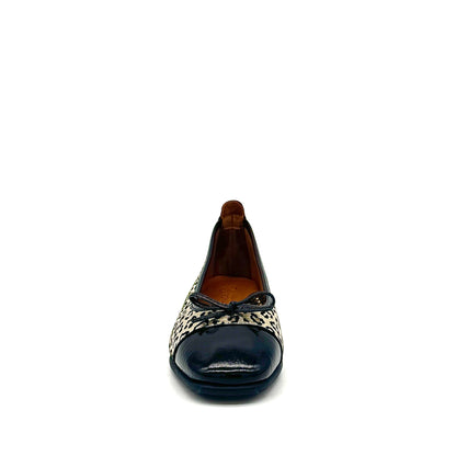 BONAVI Nicole genuine leather leopard print ballet flat in gold with black patent cap toe and bow detail, side view