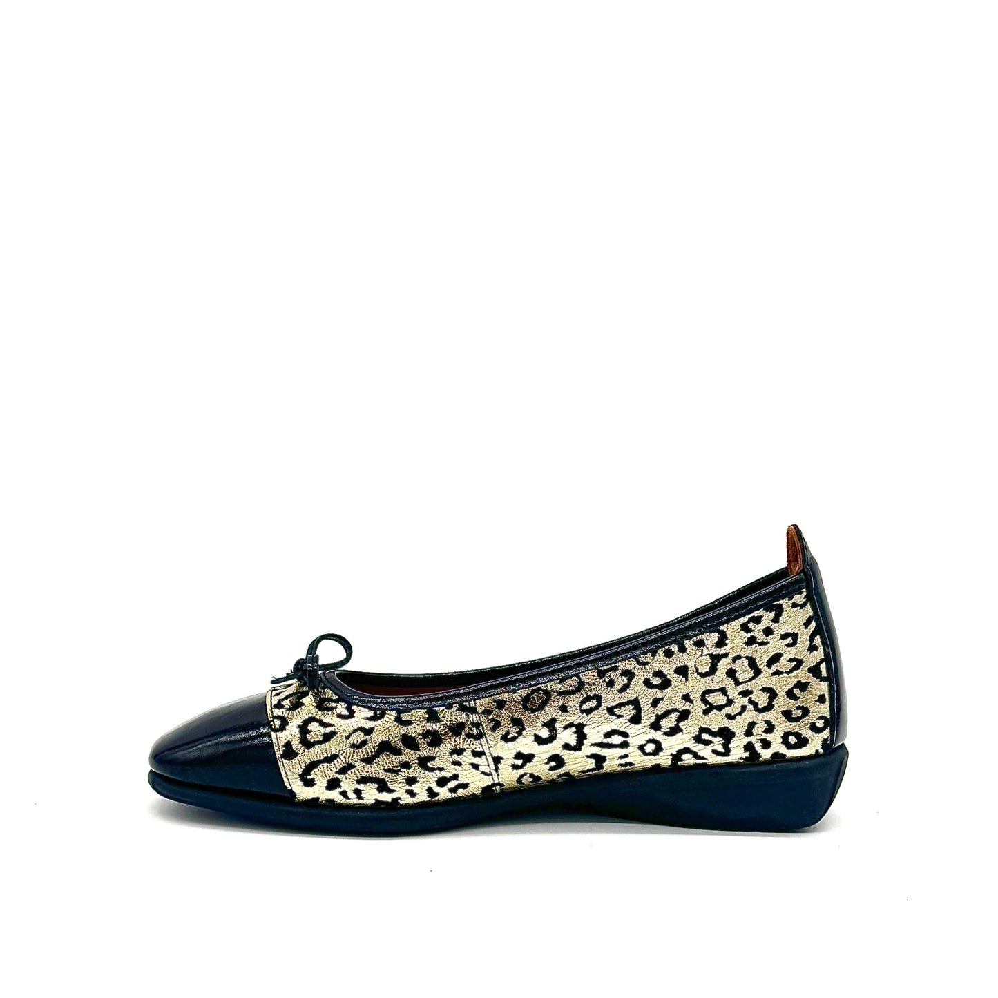 BONAVI Nicole genuine leather leopard print ballet flat in gold with black patent cap toe and bow detail, side view