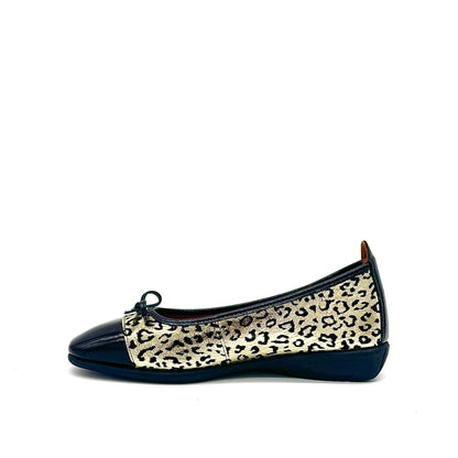 BONAVI Nicole genuine leather leopard print ballet flat in gold with black patent cap toe and bow detail, side view