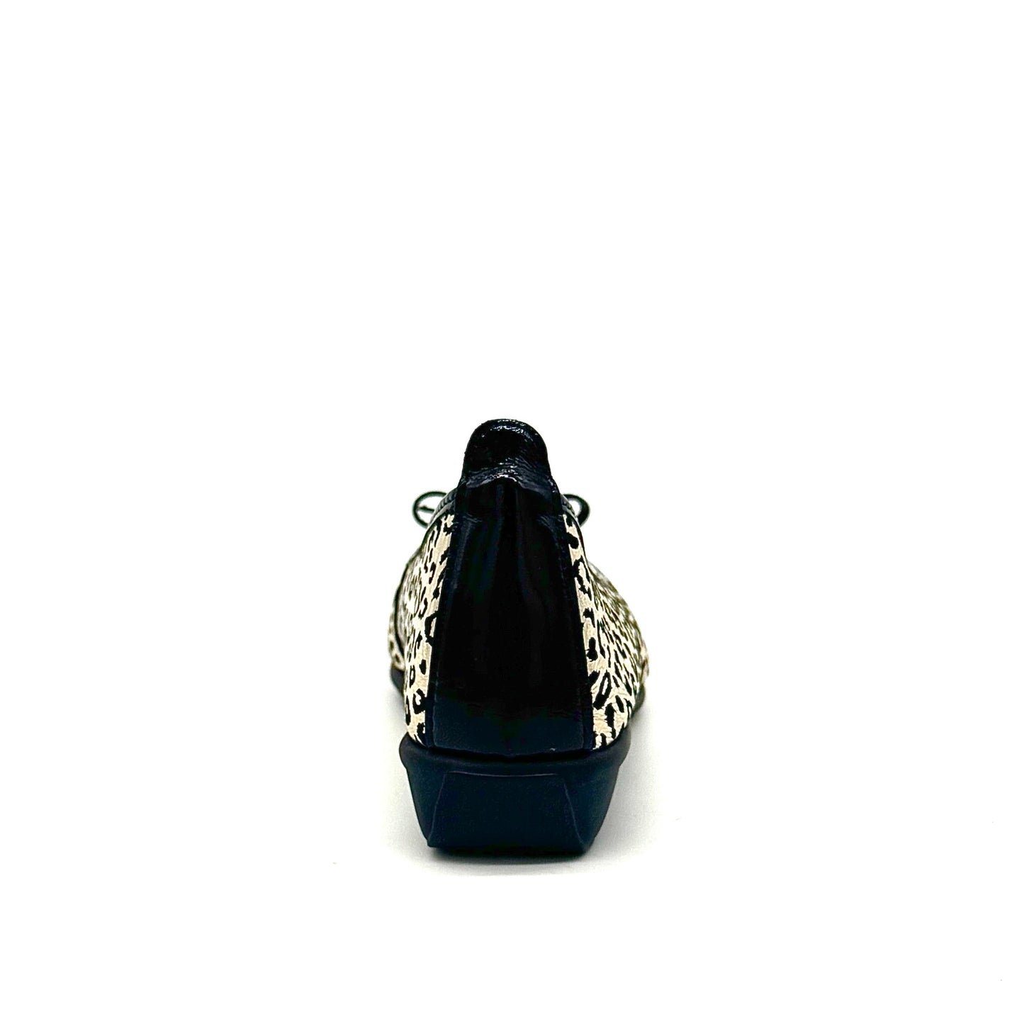 BONAVI Nicole genuine leather leopard print ballet flat in gold with black patent cap toe and bow detail, side view