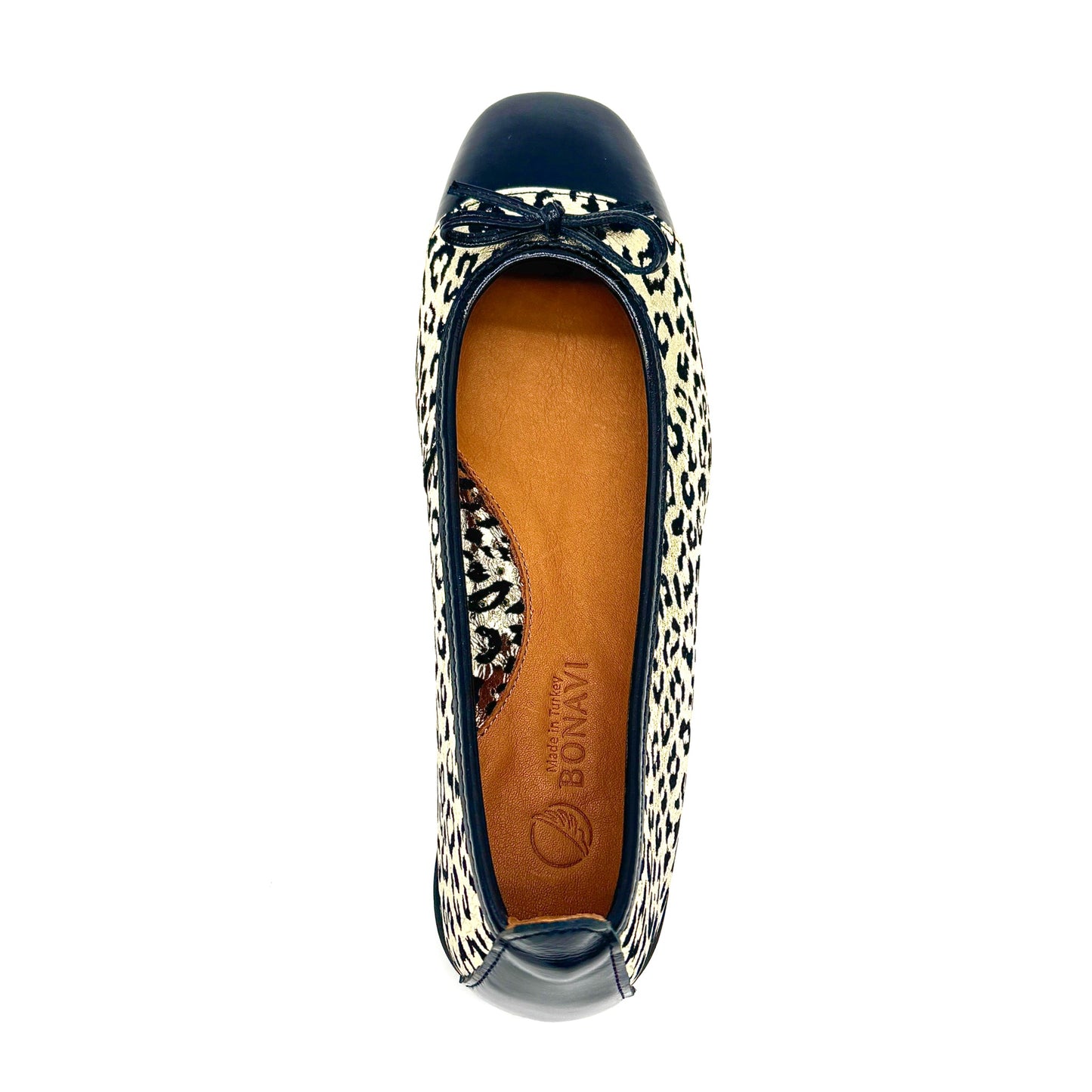 BONAVI Nicole genuine leather leopard print ballet flat in gold with black patent cap toe and bow detail, side view