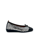 BONAVI Nicole genuine leather leopard print ballet flat in silver with black patent cap toe and bow detail