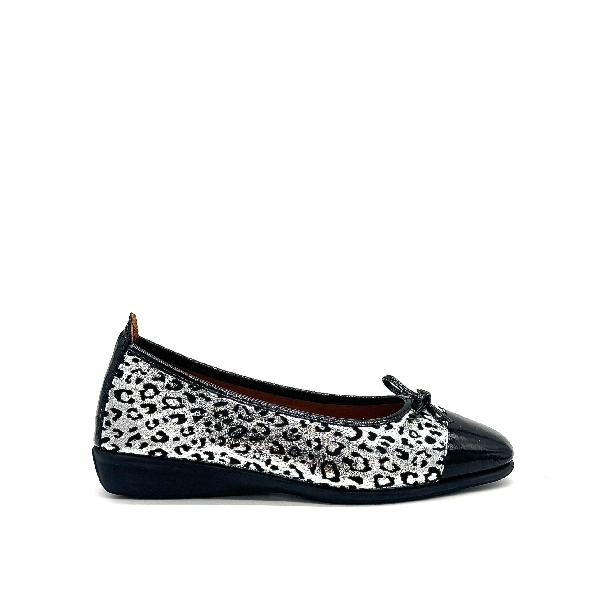 BONAVI Nicole genuine leather leopard print ballet flat in silver with black patent cap toe and bow detail