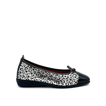 BONAVI Nicole genuine leather leopard print ballet flat in silver with black patent cap toe and bow detail