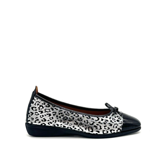BONAVI Nicole genuine leather leopard print ballet flat in silver with black patent cap toe and bow detail