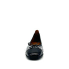 BONAVI Nicole genuine leather leopard print ballet flat in silver with black patent cap toe and bow detail