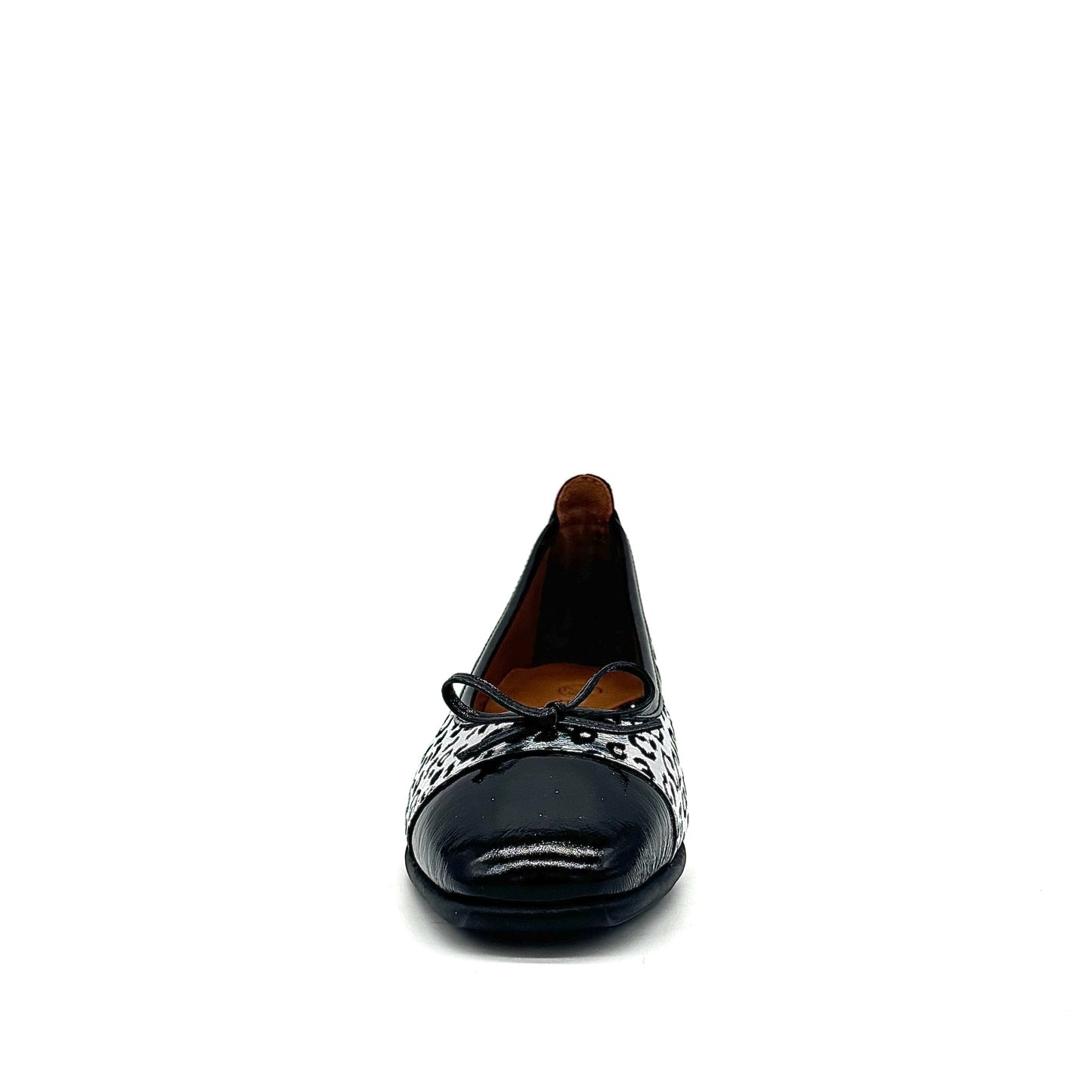 BONAVI Nicole genuine leather leopard print ballet flat in silver with black patent cap toe and bow detail