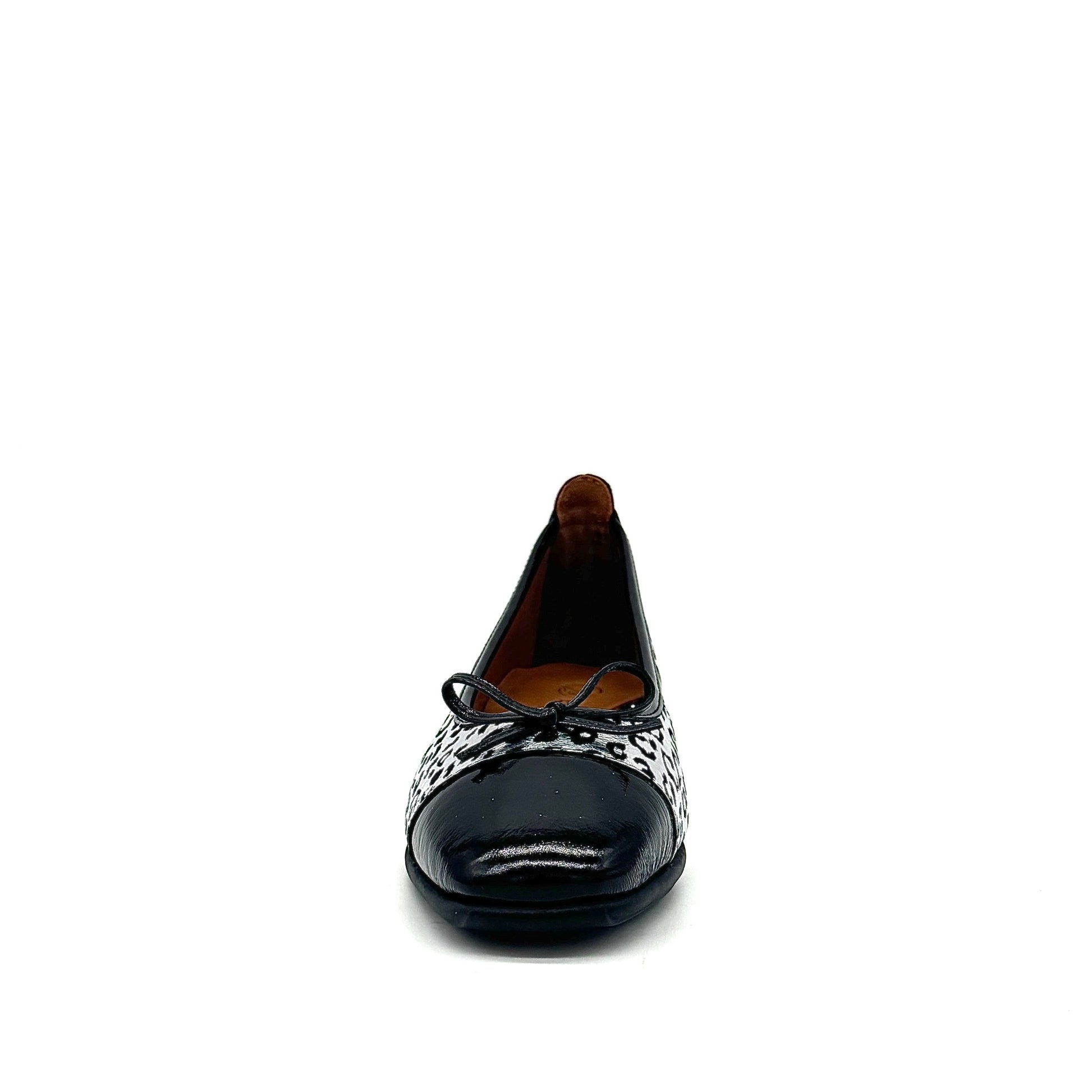 BONAVI Nicole genuine leather leopard print ballet flat in silver with black patent cap toe and bow detail