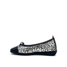 BONAVI Nicole genuine leather leopard print ballet flat in silver with black patent cap toe and bow detail