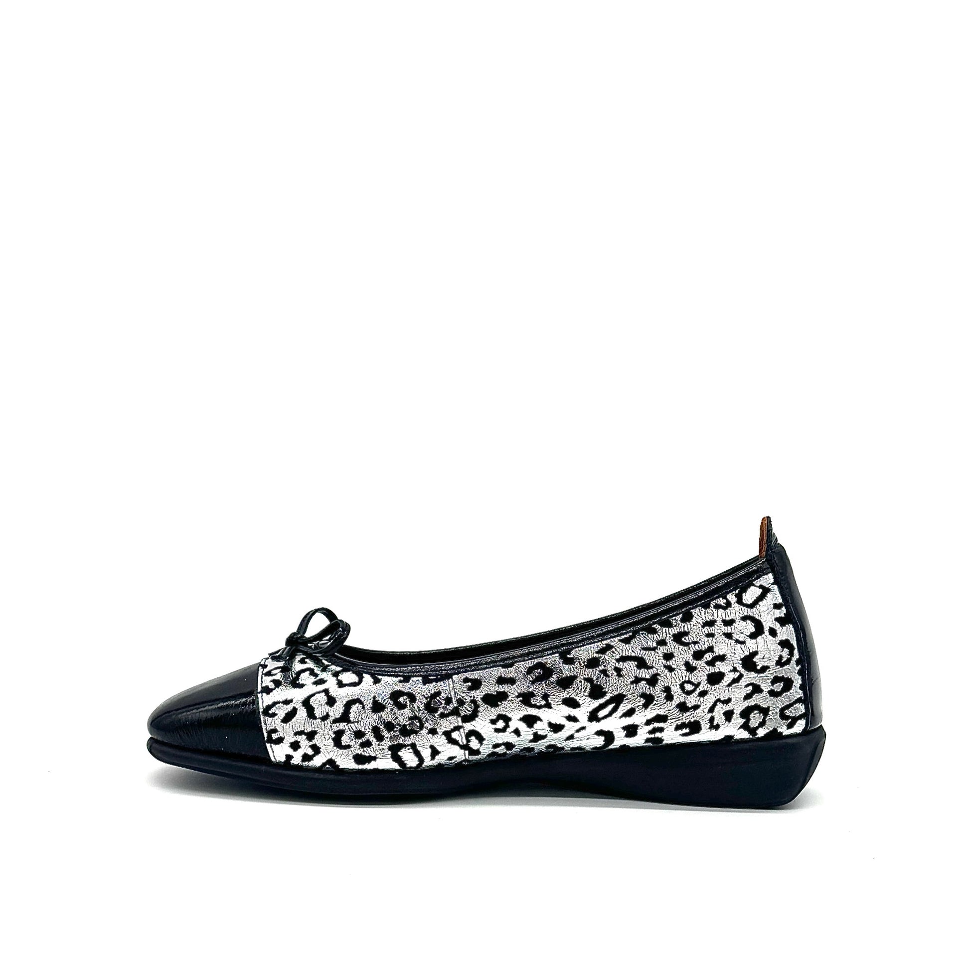 BONAVI Nicole genuine leather leopard print ballet flat in silver with black patent cap toe and bow detail