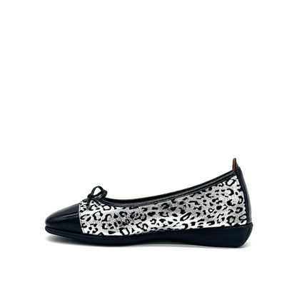 BONAVI Nicole genuine leather leopard print ballet flat in silver with black patent cap toe and bow detail