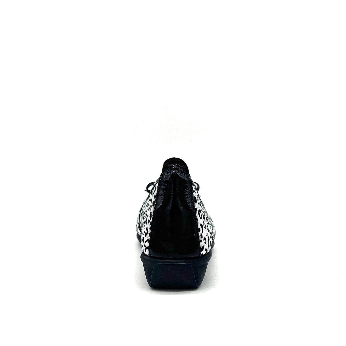 BONAVI Nicole genuine leather leopard print ballet flat in silver with black patent cap toe and bow detail
