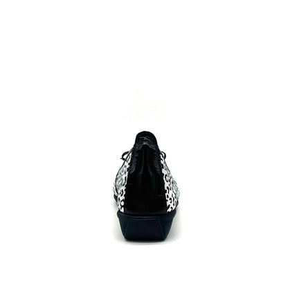 BONAVI Nicole genuine leather leopard print ballet flat in silver with black patent cap toe and bow detail