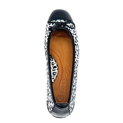 BONAVI Nicole genuine leather leopard print ballet flat in silver with black patent cap toe and bow detail
