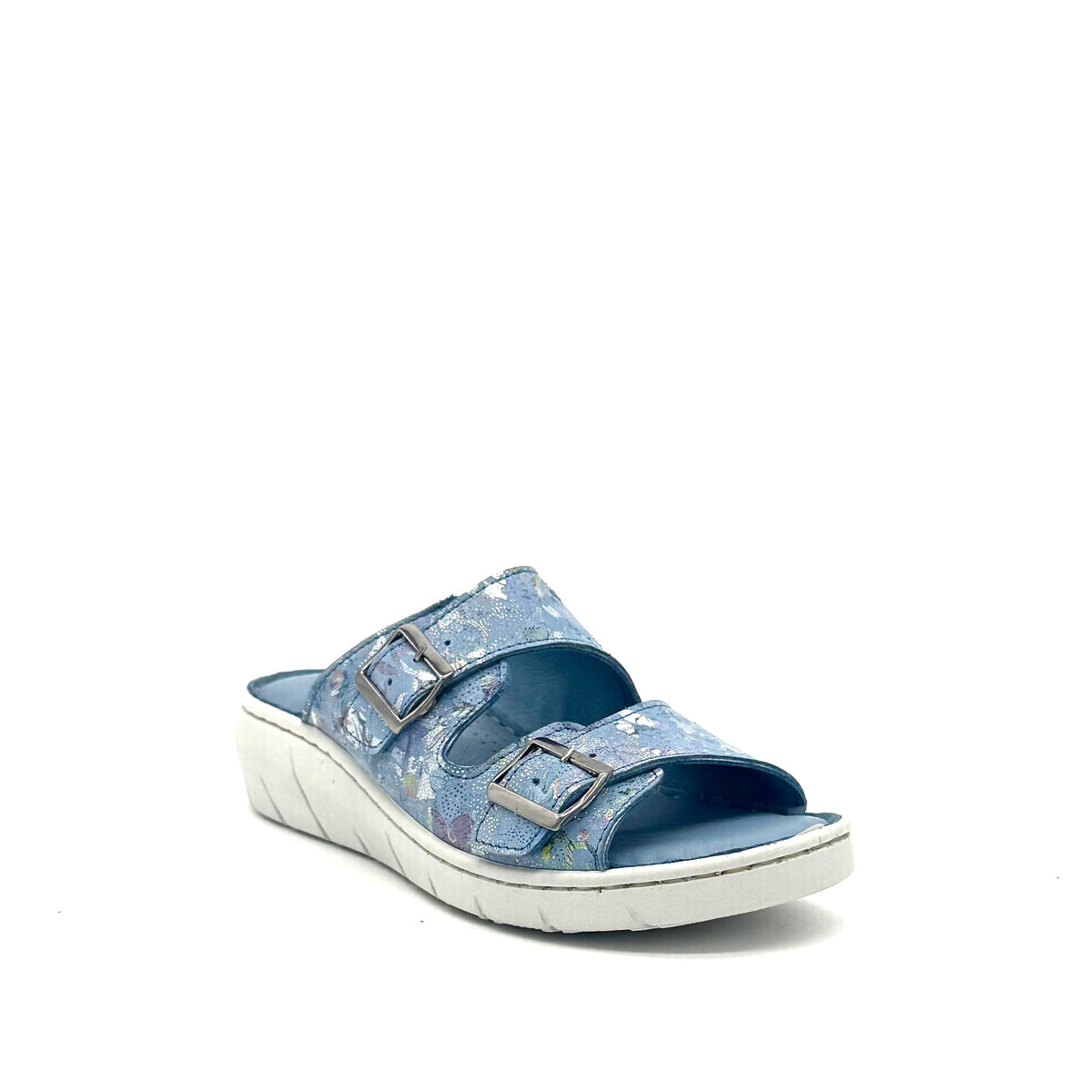 BONAVI Patra leather floral print double buckle slide sandal in camel
Blue